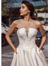 Beaded Strapless Ivory Satin Corset Back Wedding Dress